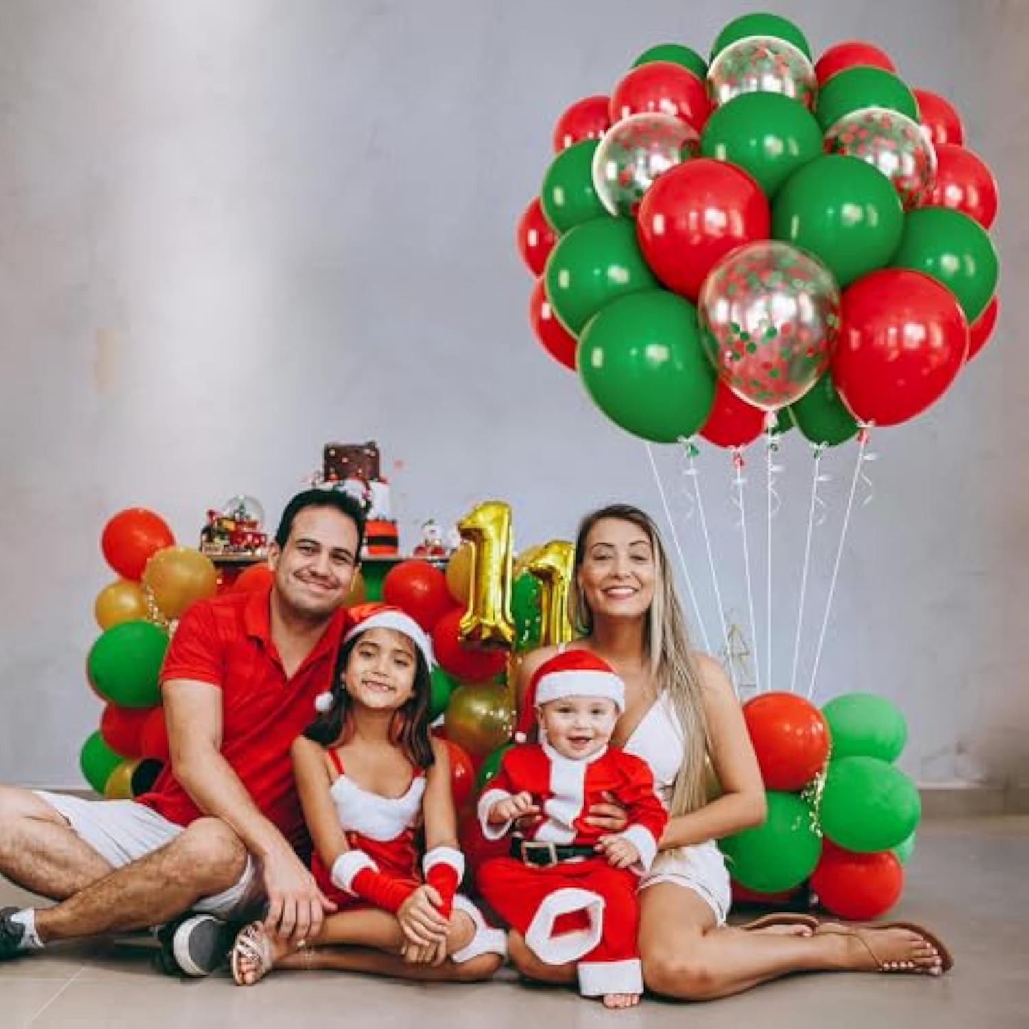 60Pc Christmas Balloon Kit Red Green Clear Confetti Garland Arch