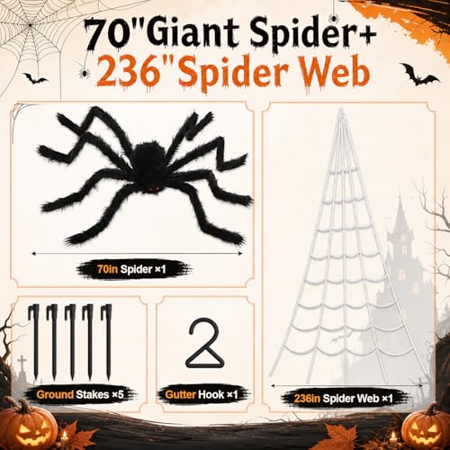 236'' Big Spider Web Halloween Decor+70'' Huge Spider for Roof with Triangular Big Web for on House Outside and Inside