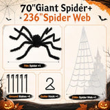 236'' Big Spider Web Halloween Decor+70'' Huge Spider for Roof with Triangular Big Web for on House Outside and Inside
