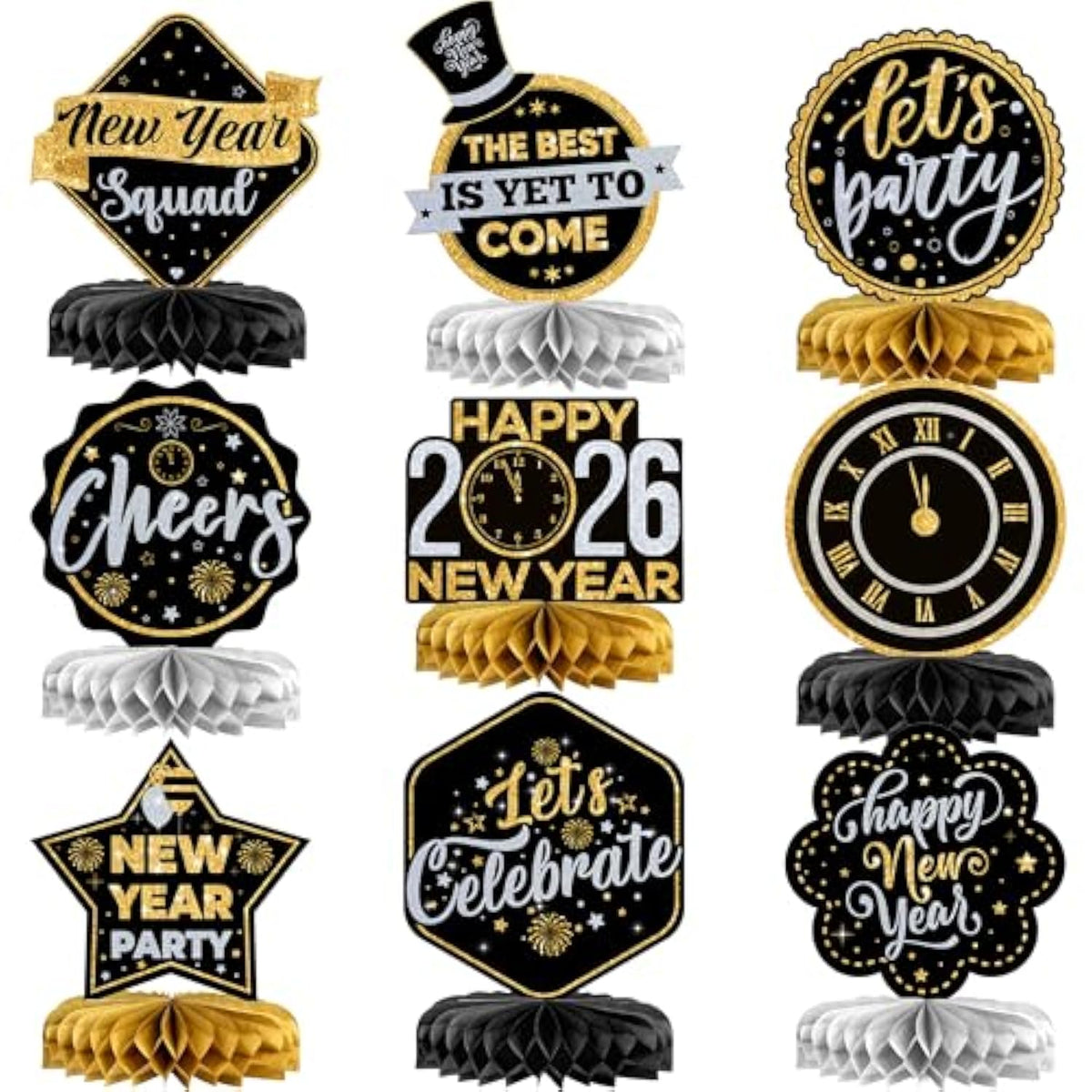 9 Pcs Black Gold New Year 2026 Table Centerpieces Party Supplies