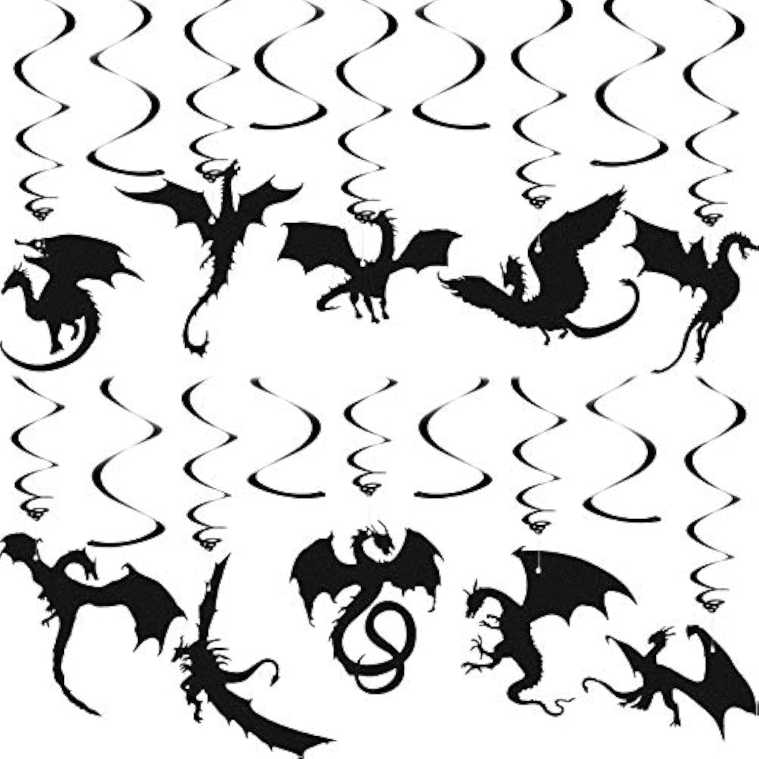 30 Pcs Dragon Party Decoration Black Swirl Foil Hanging Ceiling Decoration For Dragon Themed Birthday Medieval Themed Party, 10 Designs
