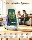 Induction Speaker with Phone Stand, Place & Play, 5-in-1 Wireless Bluetooth Speaker with RGB Light, Adjustable Desk Phone Holder with Emergency