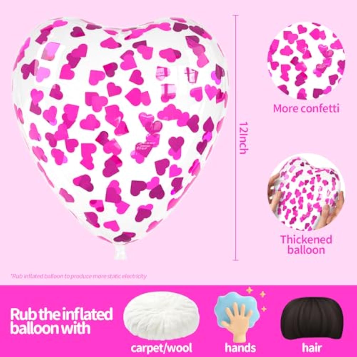 Hot Pink Heart Confetti Balloons 30 Pcs, 12 Inch Clear Heart Latex Balloon With Heart Confetti Inside For Wedding Anniversary Birthday Party Valentine Baby Shower Bridal Shower Decorations Supplies