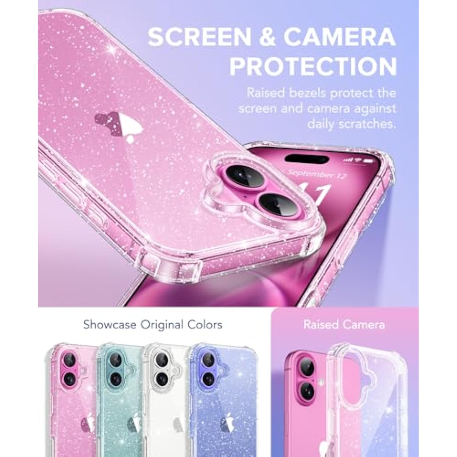iPhone 16 Case with Glitter, Screen & Camera Protectors, Slim Shockproof Cover 6.1"