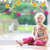 Preppy Felt Banner 3D Pink Face Lighting Star Banner Felt Ball Garland Pre-Assembled Preppy Theme Bunting Garland For Back To School Dorm Classroom Hanging Decoration Party Supplies