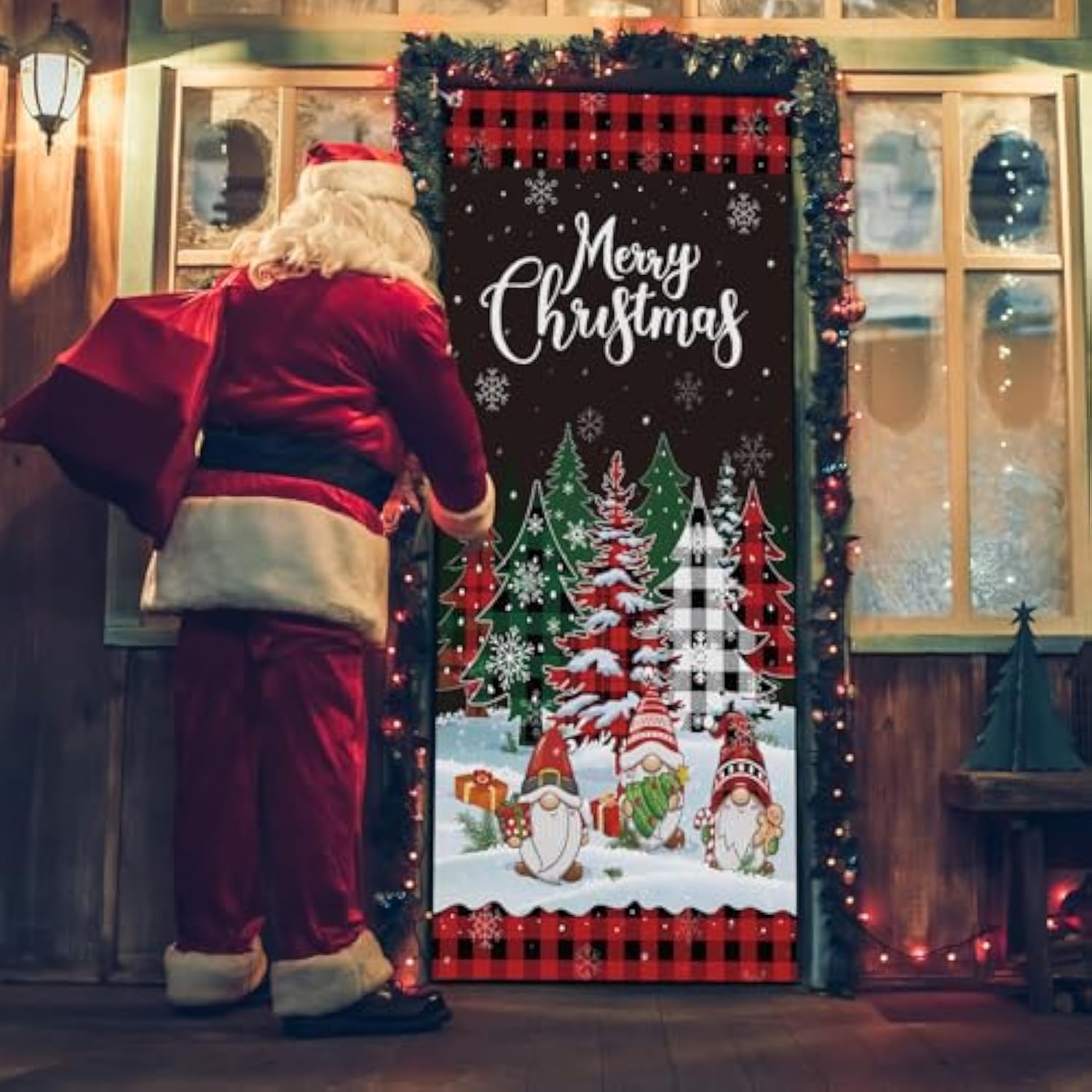 Christmas Door Cover Banner Backdrop Buffalo Plaid Christmas Tree Door Hanging Cover For Winter Holiday Photography Hanging Decorations Supplies, 71 X 35 Inch