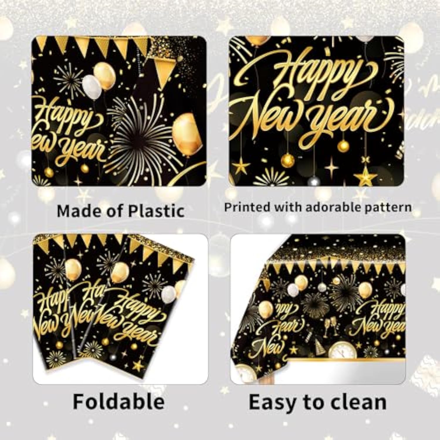 Black Gold Happy New Year Tablecloth 108x54in Disposable Party Decor