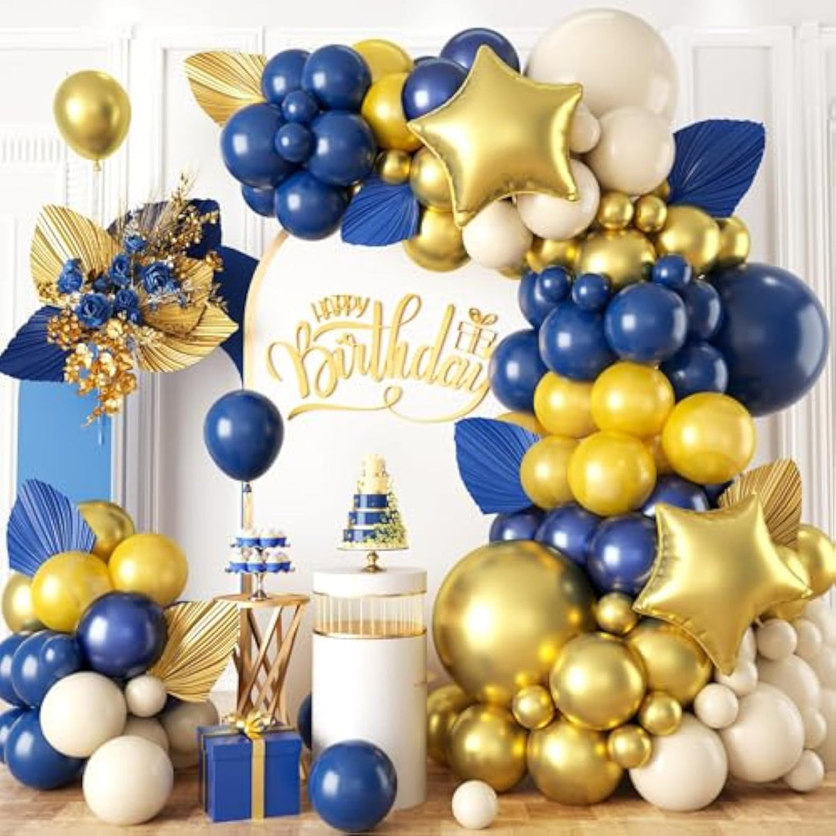124pcs Navy Blue Gold Balloon Arch Kit with Star Balloons for Party & Celebration