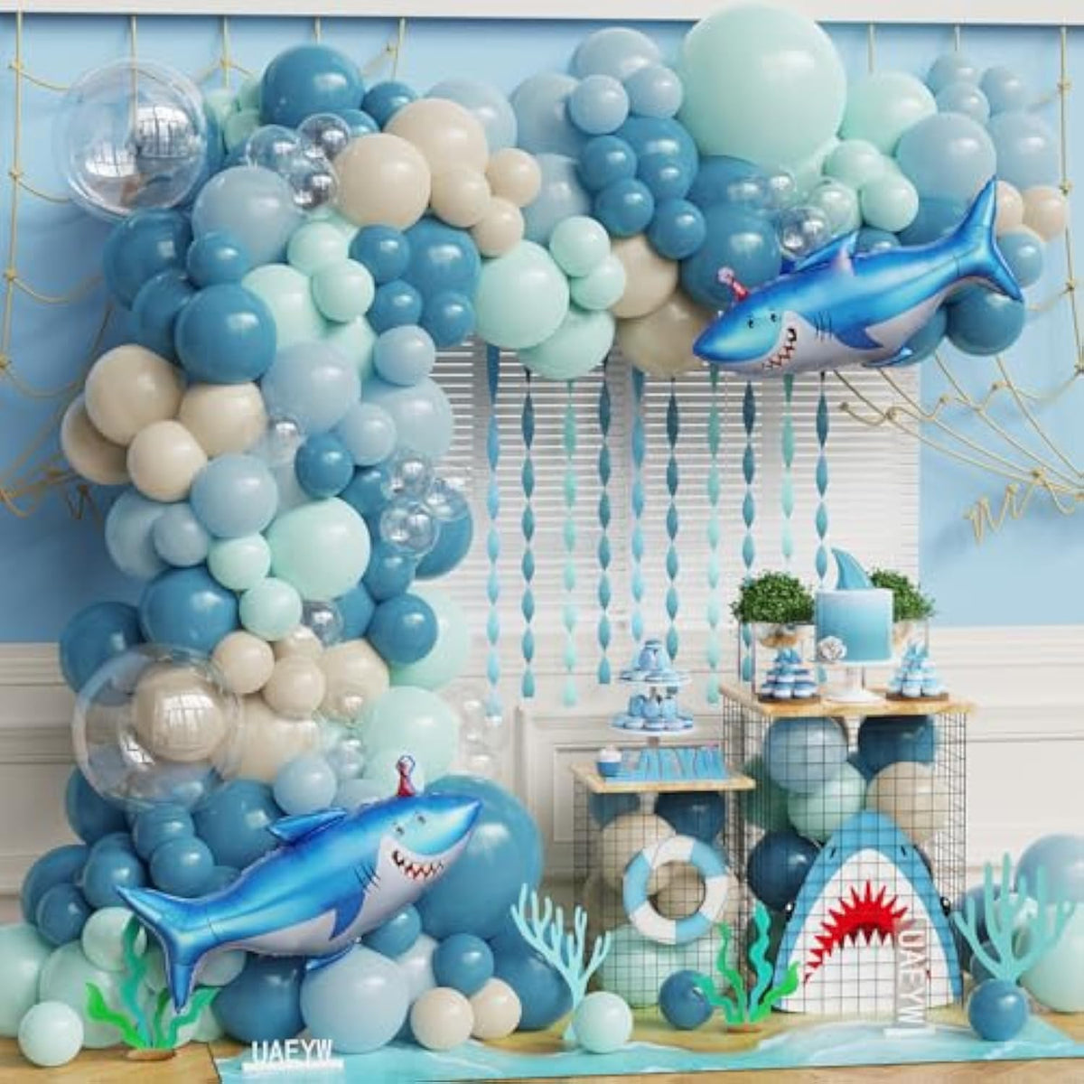 Ocean Under The Sea Birthday Party Decorations 153Pcs Shark Balloon Garland Arch Kit Dusty Blue Green White Sand Balloon With Shark Foil Balloons For Kids Boys Shark Week Ocean Animals Baby Shower