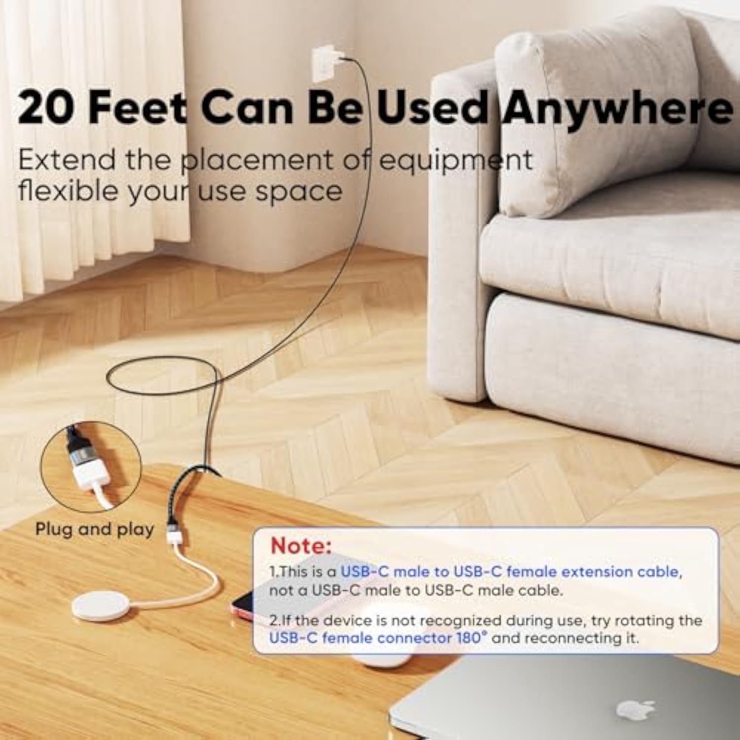 Usb C Extension Cable 20Ft/6M, Extra Long Usbc Extender 100W Fast Charging, 5Gbps Data Transfer, 4K@60Hz Usb-C 3.1 Male To Female Durable Braided Cord For Iphone16 Galaxy S25/24 Laptop Camera Tablet