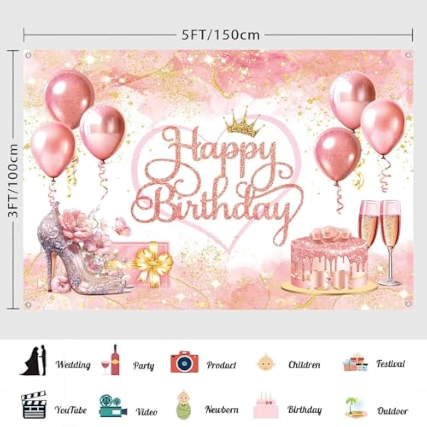 Rose Gold Happy Birthday Backdrop – 5x3ft Pink Banner for Girls' Party Decor & Photo Background