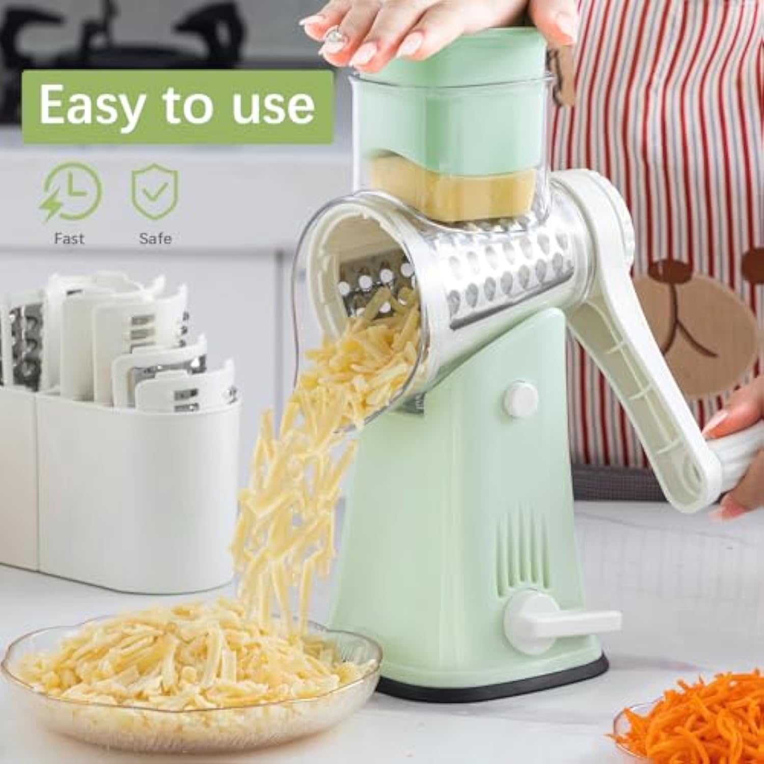 Rotary Cheese Grater, 5 In 1 Cheese Grater With Handle, Replaceable Stainless Blades Cheese Shredder, Cheese Vegetable Slicer, Easy To Clean Kitchen Gadgets With Storage Box
