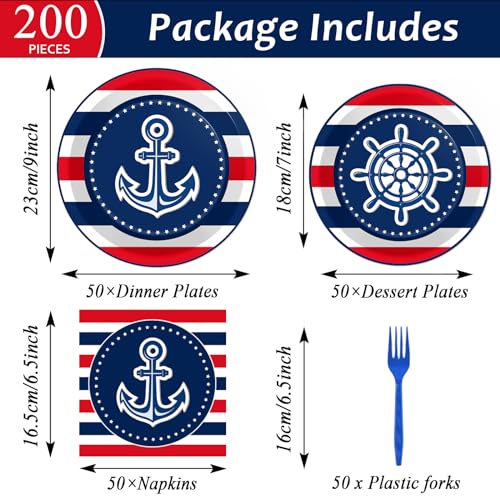 50 Guests Nautical Anchor Party Supplies Anchor Theme Plates and Napkins Plastic Forks Sailor Boat Ship Tableware Nautical Paper Plates for Baby Shower Birthday Party Boys Girls Kids 200PCS