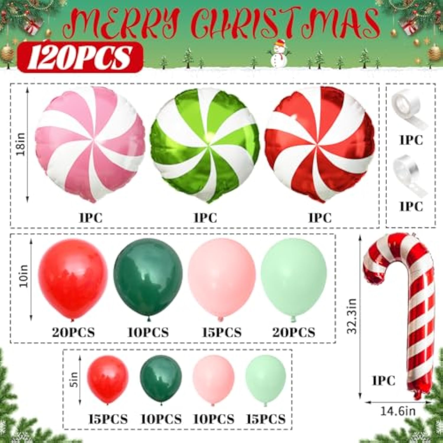 Christmas Balloon Garland Arch Kit, 120 Pcs Red Green Pink Balloon Arch Kit With Xmas Candy Cane Elk Candy Foil Balloons Perfect For Xmas Christmas Holiday New Year Birthday Party Supply Decorations