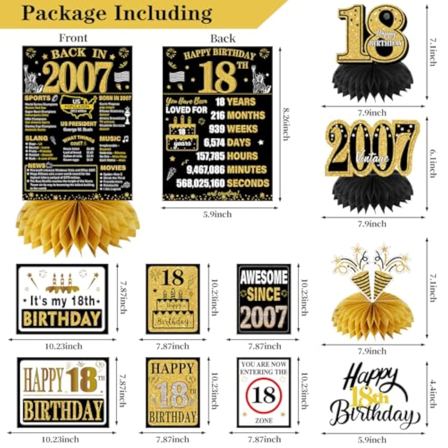 2007 18Th Birthday Decorations For Boys Girls, Black Gold Happy 18 Year Old Birthday Banner Backdrop Wall Sign Balloons Sash Table Cake Topper Honeycomb Centerpieces Paper Fans Party Supplies