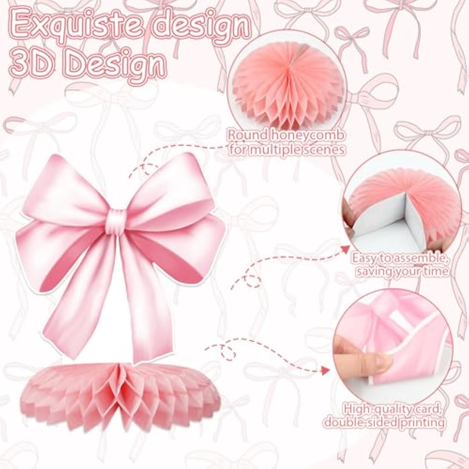 12pcs Pink Bow Honeycomb Centerpieces for Birthday, Bridal & Bachelorette Decor