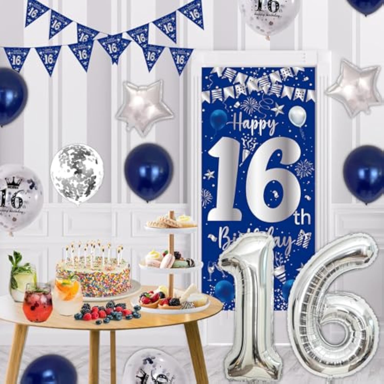 16Th Birthday Decorations For Boys Girls, Blue Silver Happy 16Th Birthday Decorations Door Banner 32" Number 16 Foil Balloon 33Pcs Balloons Triangle Flag Sweet 16 Year Old Birthday Party Sign Supplies
