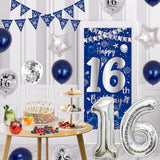 16Th Birthday Decorations For Boys Girls, Blue Silver Happy 16Th Birthday Decorations Door Banner 32" Number 16 Foil Balloon 33Pcs Balloons Triangle Flag Sweet 16 Year Old Birthday Party Sign Supplies