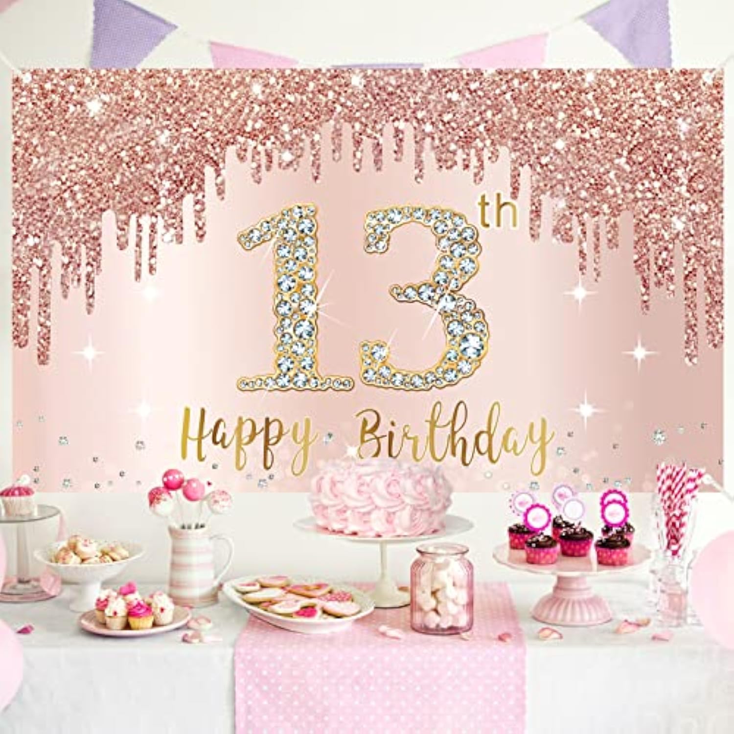 Happy 13th Birthday Banner Rose Gold & Pink Backdrop for Girls