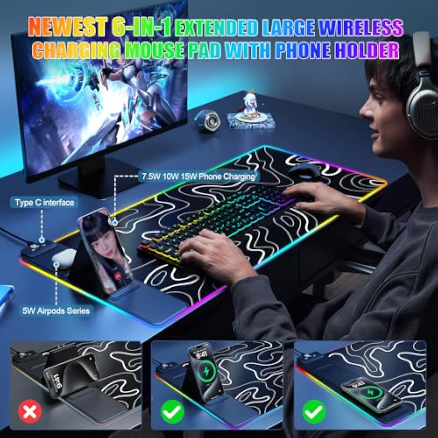 Mouse Pad With Phone Holder, Wireless Charging Desk Mat, Rgb Gaming Mousepad Home Office Large Desk Pad With Ultra-Smooth Surface, Non-Slip Base, Waterproof Keyboard Pad,Topographic Black