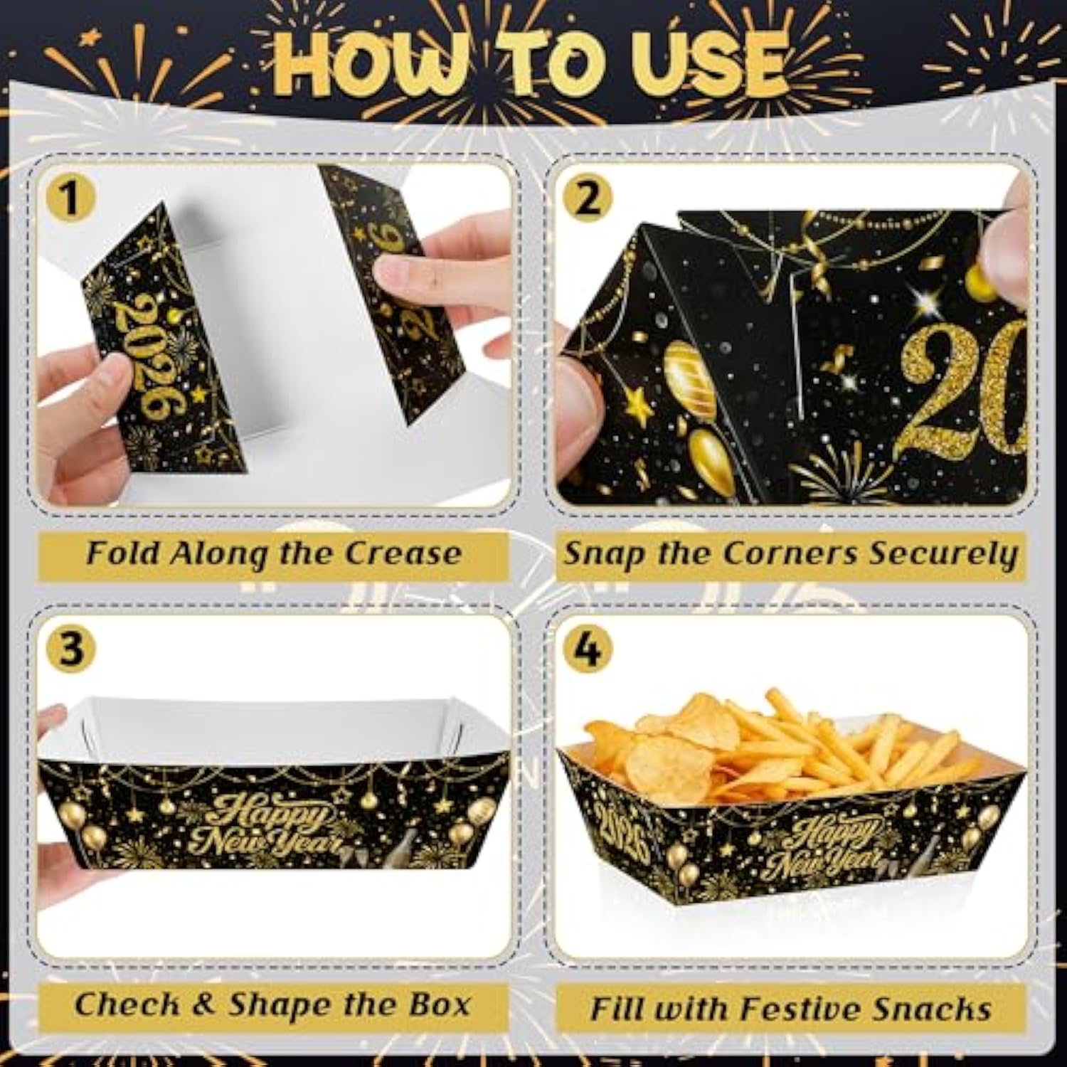 50 Pcs Black Gold New Year Eve Food Trays 5.94x3.34x2.16in Disposable