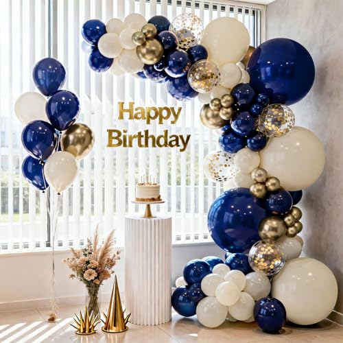 Navy Blue Gold White Sand Balloons Arch Kit, Latex, Party Decor.