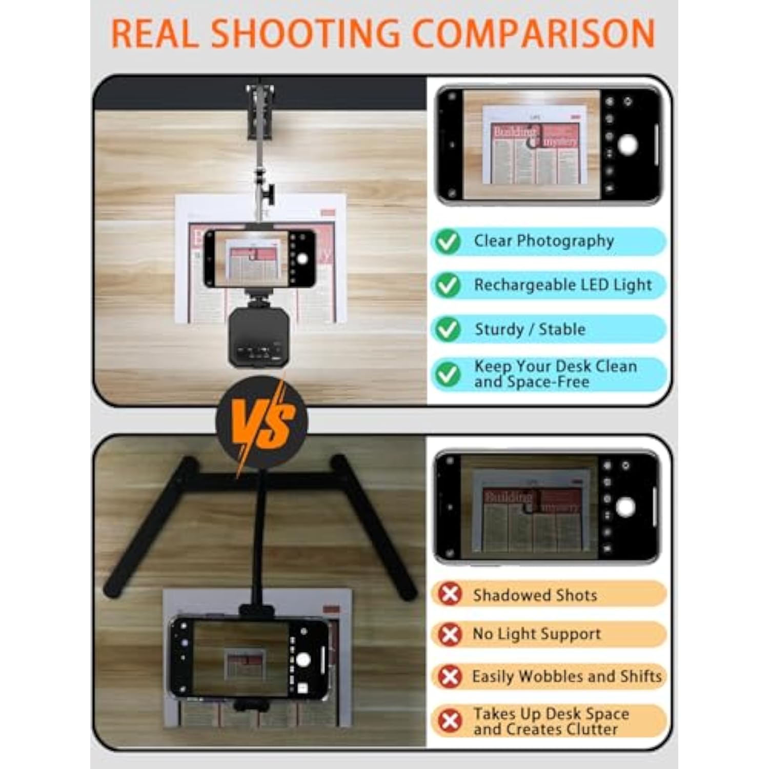 Overhead Phone Mount, Articulating Arm Cell Phone Holder With Led Light, Flexible Phone Stand For Live Streaming, Video Recording, Painting Lighting, Cooking