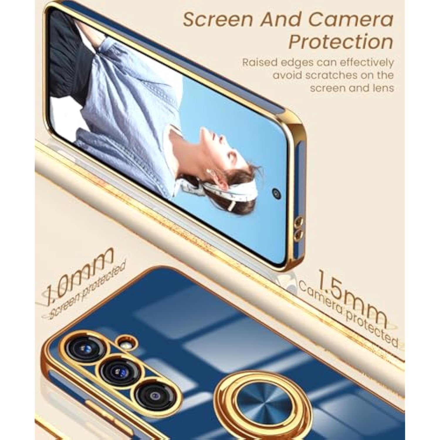 For Samsung Galaxy S24 Fe 5G Case, 2X Tempered Glass Screen Protector, 360° Rotatable Ring Holder Magnetic Kickstand,Plated Gold Edge Slim Soft Tpu Protective Cover For S24 Fe (Blue)