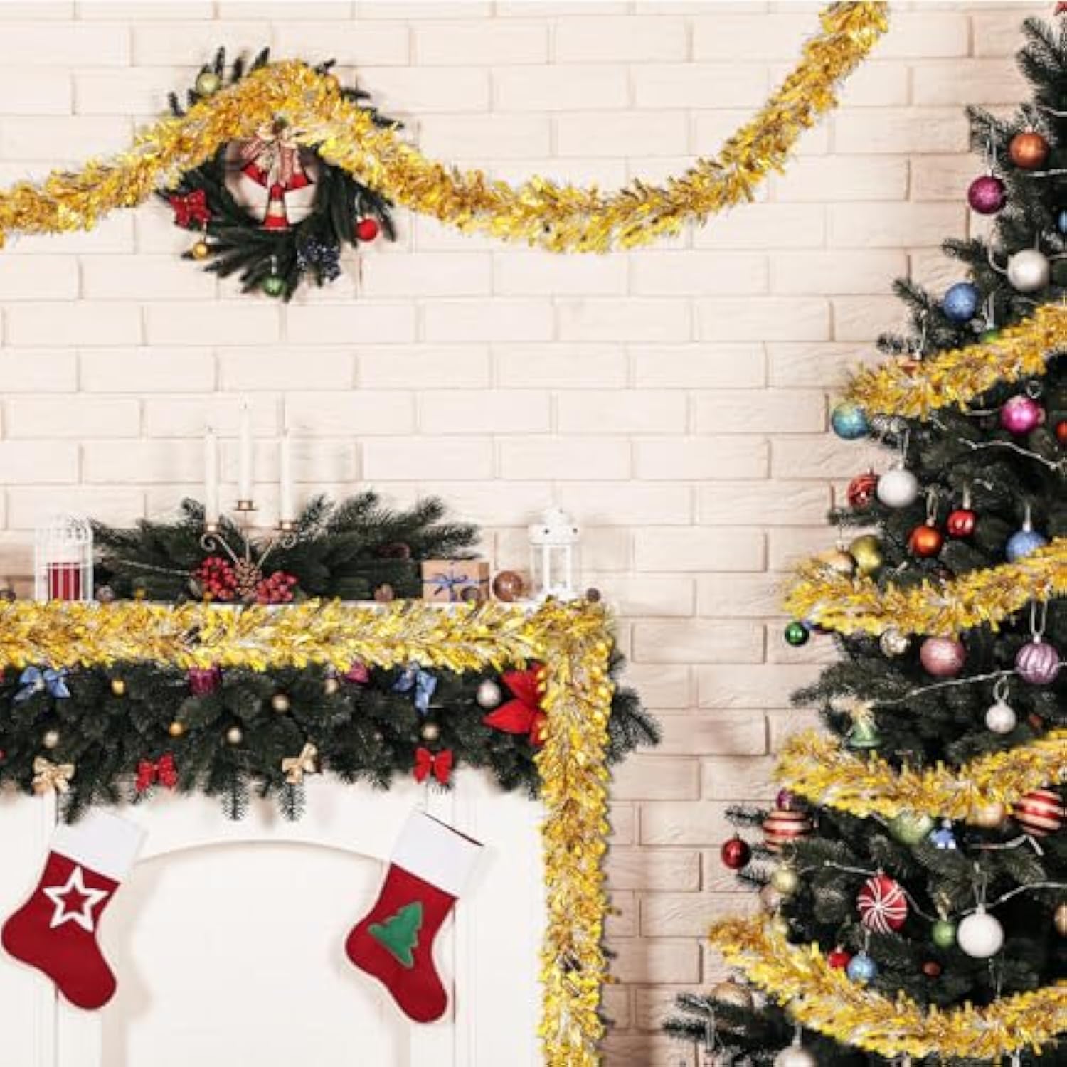 150 Feet Christmas Tinsel Garland Metallic Twist Garland Shiny Hanging String Ornaments For Christmas Tree Party Supplies Indoor And Outdoor Decoration(Silver Gold)