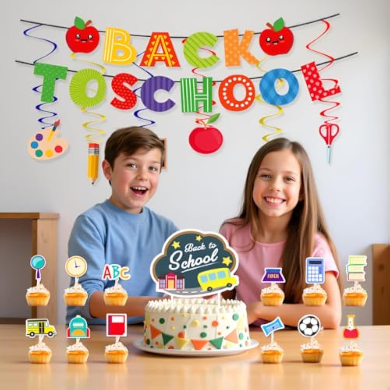 Back To School Banner Decorations - Welcome Back Banner, Hanging Swirls & Cake Toppers (Multicolor, School-Themed)
