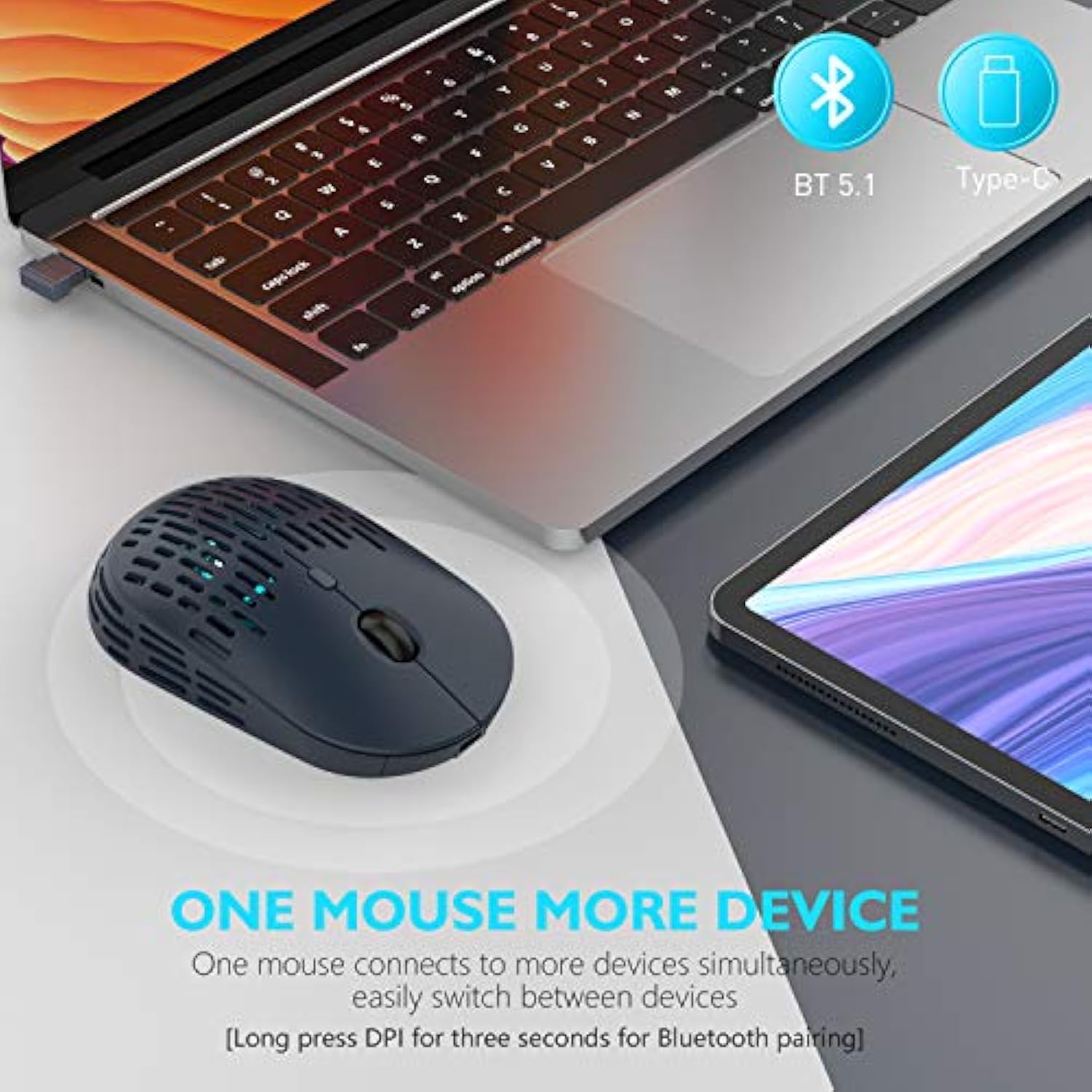 Bluetooth Wireless Mouse, Dual Mode Rechargeable Silent Computer Mice With 2.4