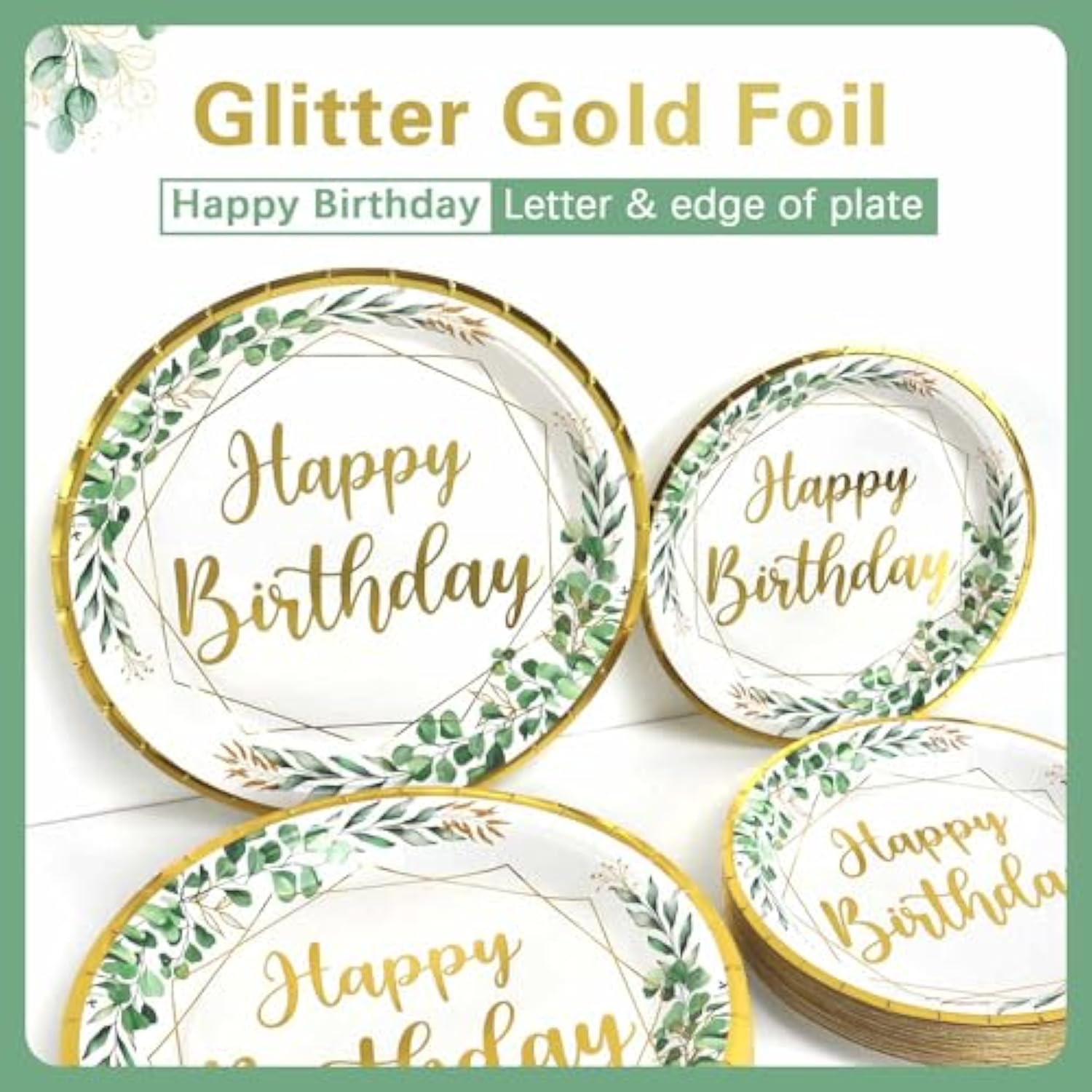Neutral Sage Green Birthday Decorations Plates Set For 25 Guests, Glitter Foil Gold Print Happy Birthday Plates Napkins Forks Party Decorations