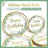Neutral Sage Green Birthday Decorations Plates Set For 25 Guests, Glitter Foil Gold Print Happy Birthday Plates Napkins Forks Party Decorations