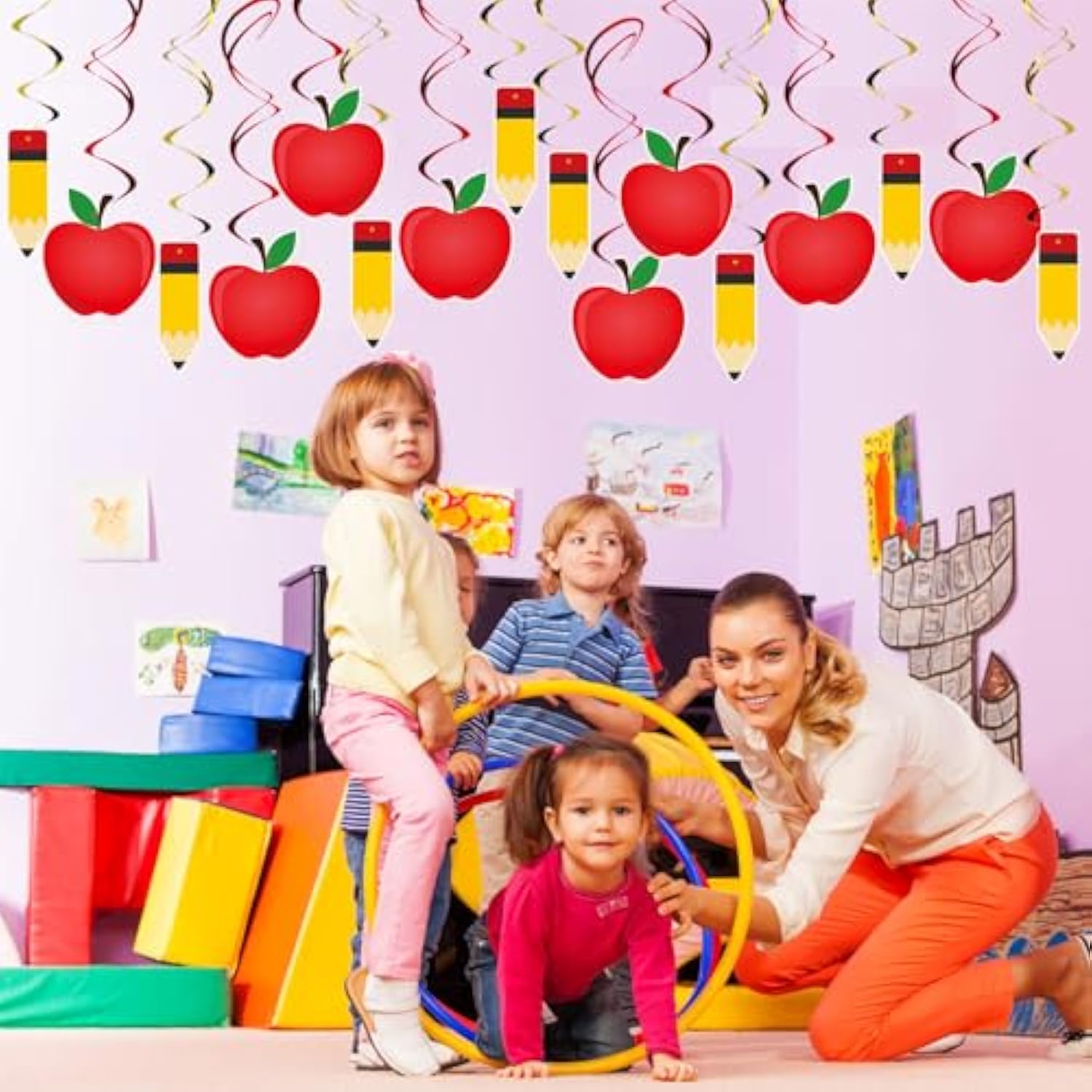 , 52 Pcs Back To School Apple Pencil Hanging Swirls Decorations, No Diy, First Day Of School Decorations For Apple Swirls, Back To School Classroom Decorations, Back To School Party Supplies