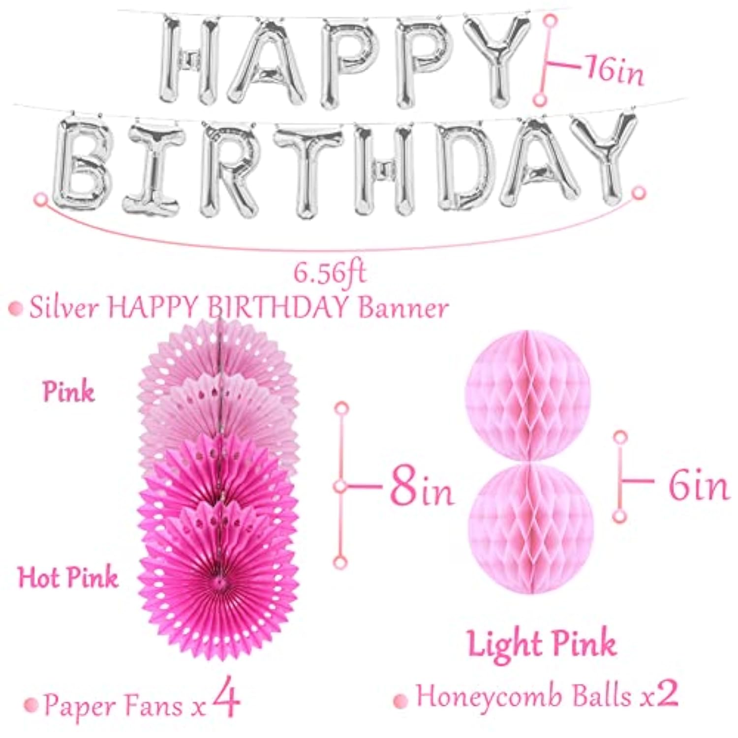 Pink Birthday Decorations Hot Pink Party Supplies Silver Happy Birthday Banner Rose Gold Balloons Foil Fringe Curtain Bday Decor Women 13Th Sweet 16 18Th 21St 25Th 30Th 40Th 50Th 60Th 70Th