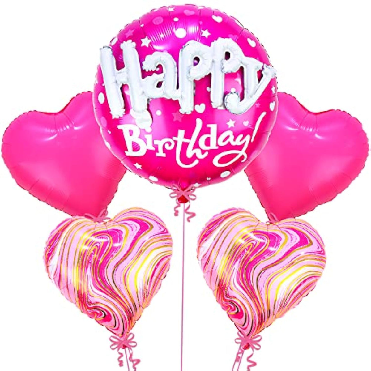 , Huge Happy Birthday Balloon Pink Set - 23 Inch, Pack Of 5 | Hot Pink Heart Balloons For Happy Birthday Decorations | Foil Balloons For Princess Party Decorations