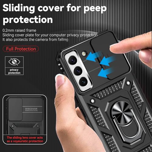 For Galaxy S22 Case With Screen Protector: [Military Grade 20Ft. Drop Tested] Slide Camera Cover Ring Shockproof Protective Phone Case For - Samsung Galaxy S22 (Black)
