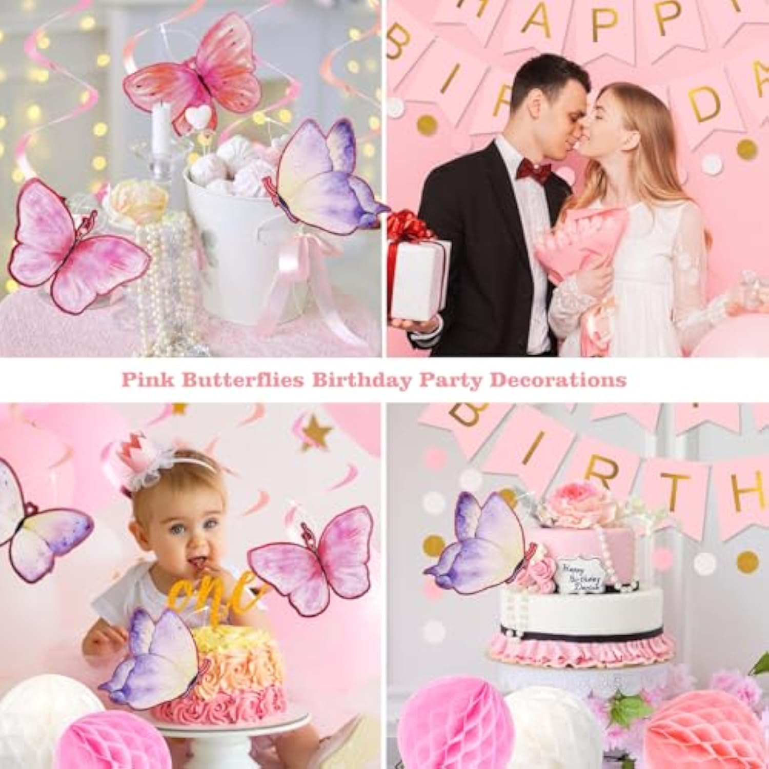Birthday Decorations, Happy Birthday Banner With Honeycomb Balls, Butterfly Hanging Swirl Streamers, Circle Dots Garland, Happy Birthday Party Decorations For Women Men Boys Girls (Pink)