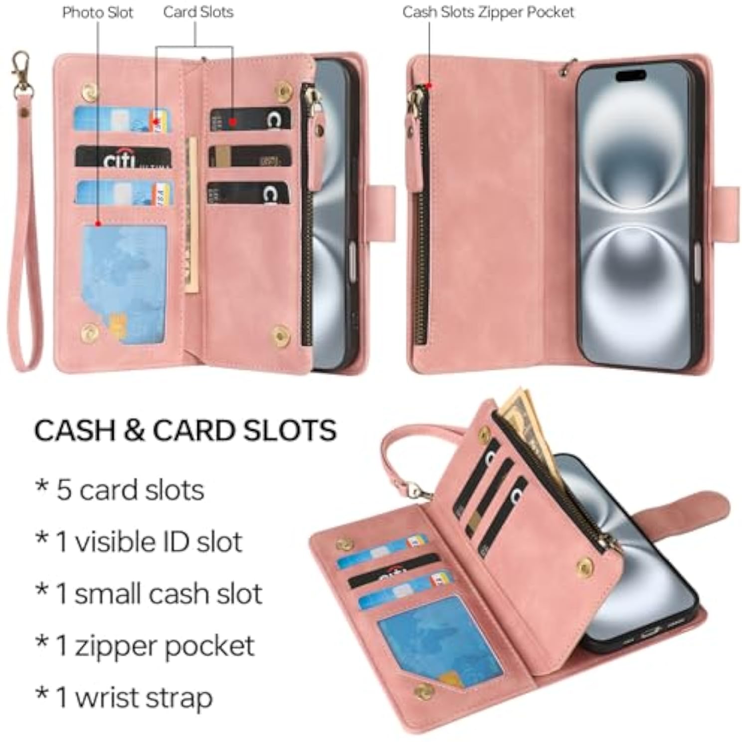 Compatible With Iphone 16 Plus Case Wallet - Pu Leather Wallet Case For Iphone 16 Plus With Card Holder Rfid Blocking Zipper Pocket Flip Folio With Wrist Strap Protective Case (Pink)