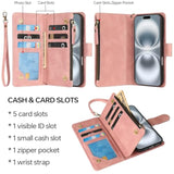 Compatible With Iphone 16 Plus Case Wallet - Pu Leather Wallet Case For Iphone 16 Plus With Card Holder Rfid Blocking Zipper Pocket Flip Folio With Wrist Strap Protective Case (Pink)