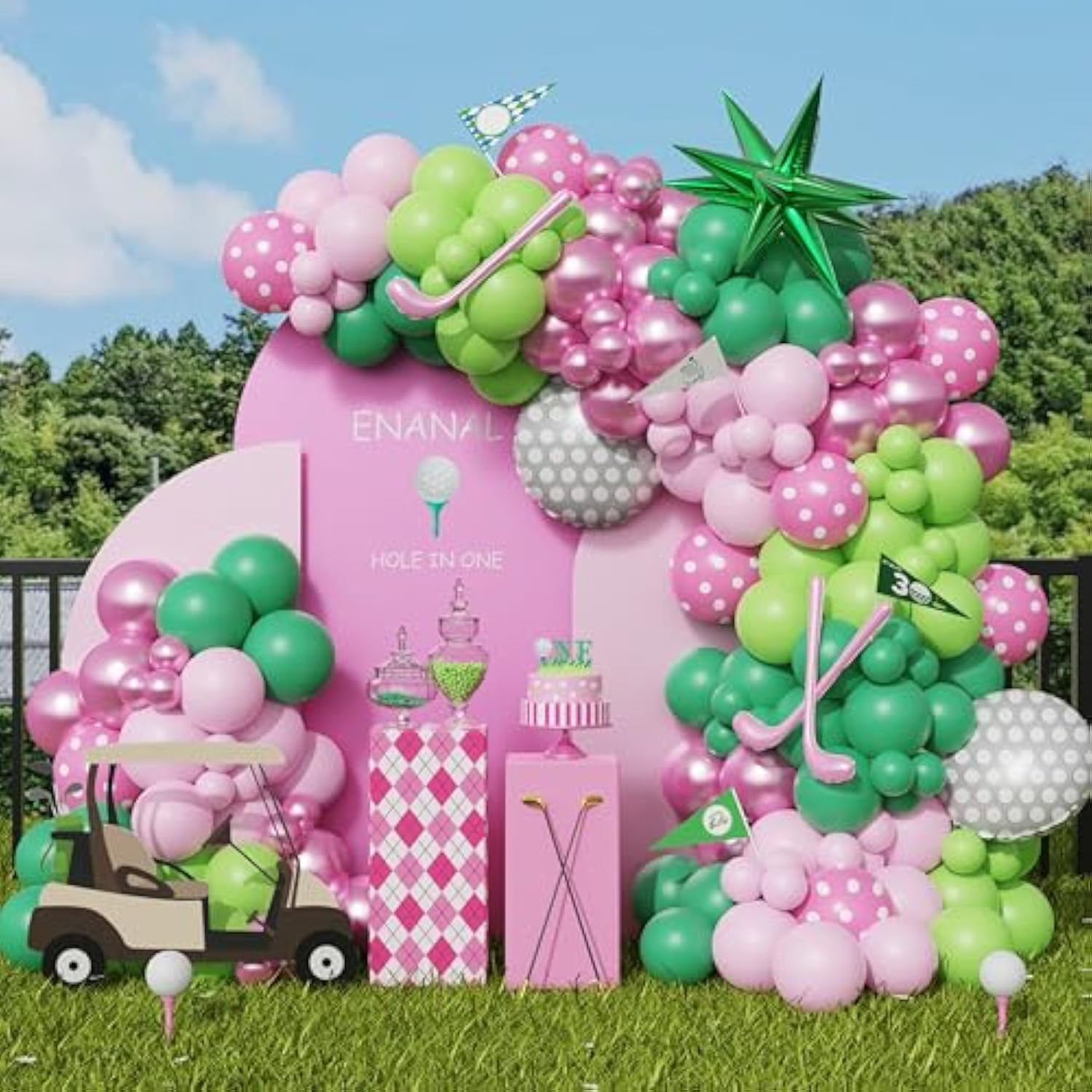 153 Pcs Hole in One Balloon Arch Kit Pink, Green & Golf Balloons for Birthday Party