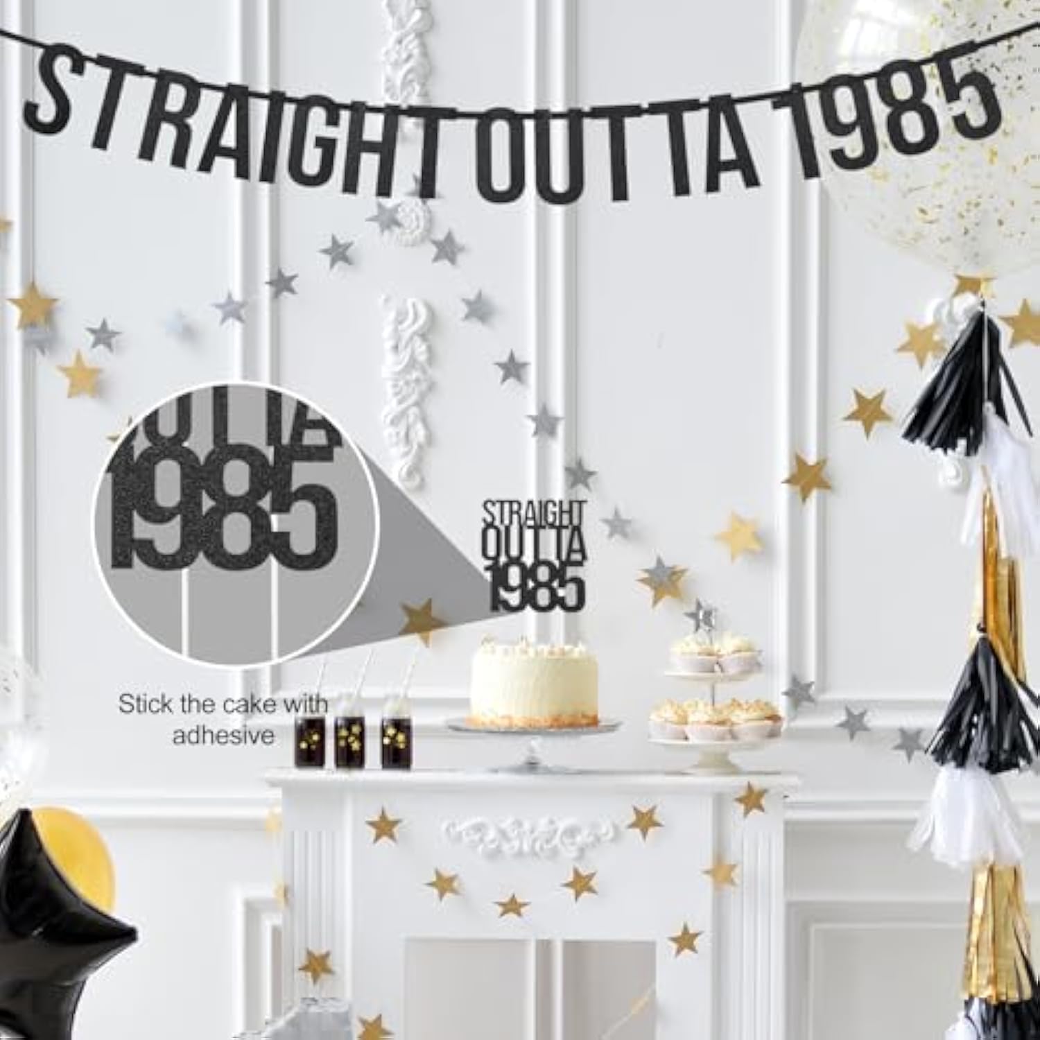 40th Birthday Decoration Straight Outta 1985 Banner and Cake Topper Black