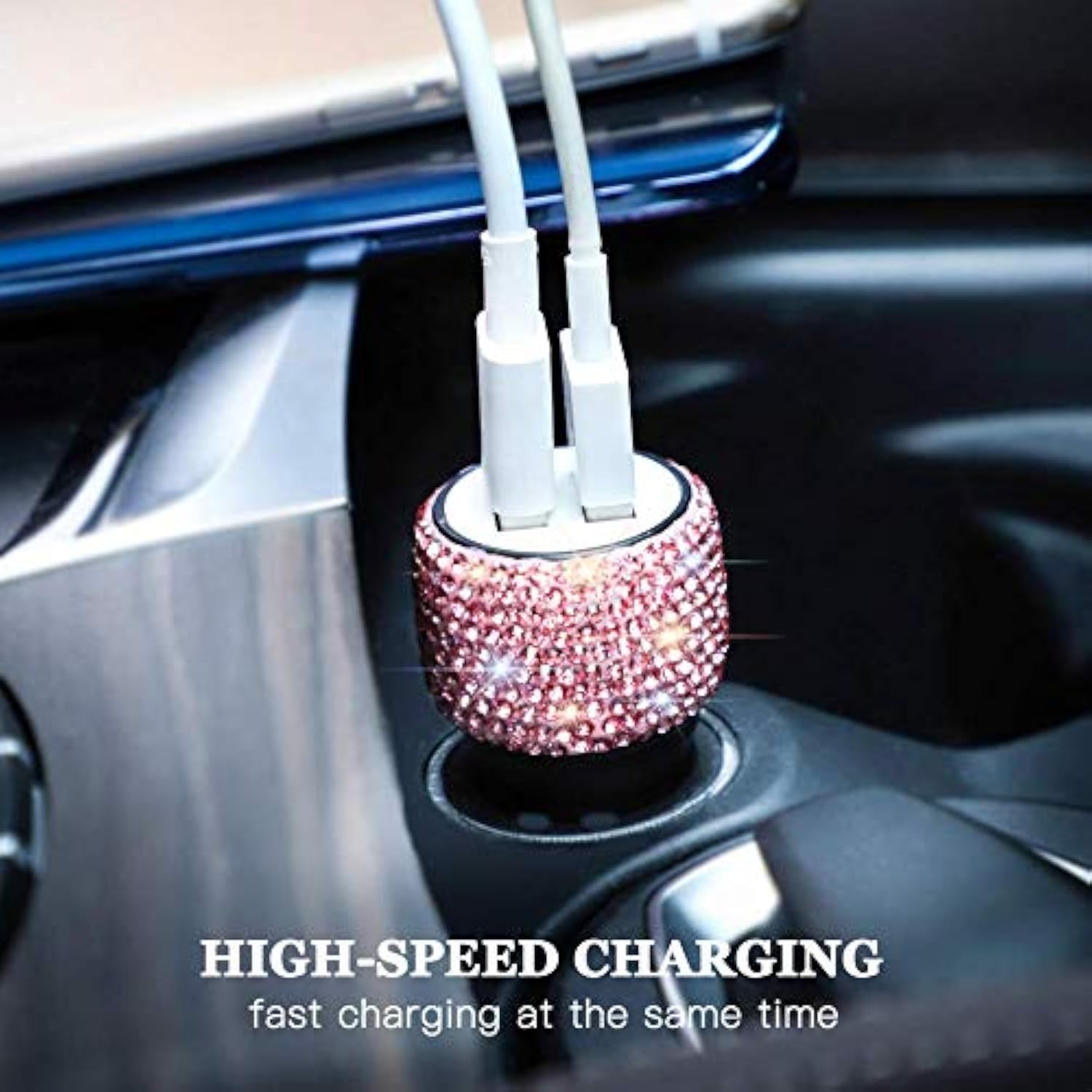 Dual Usb Car Charger, Car Adapter Bling Bling Rhinestones Crystal Car Decorations For Fast Charging Car Decors For Iphone Xs Max X Plus, Ipad Pro/Mini, Samsung