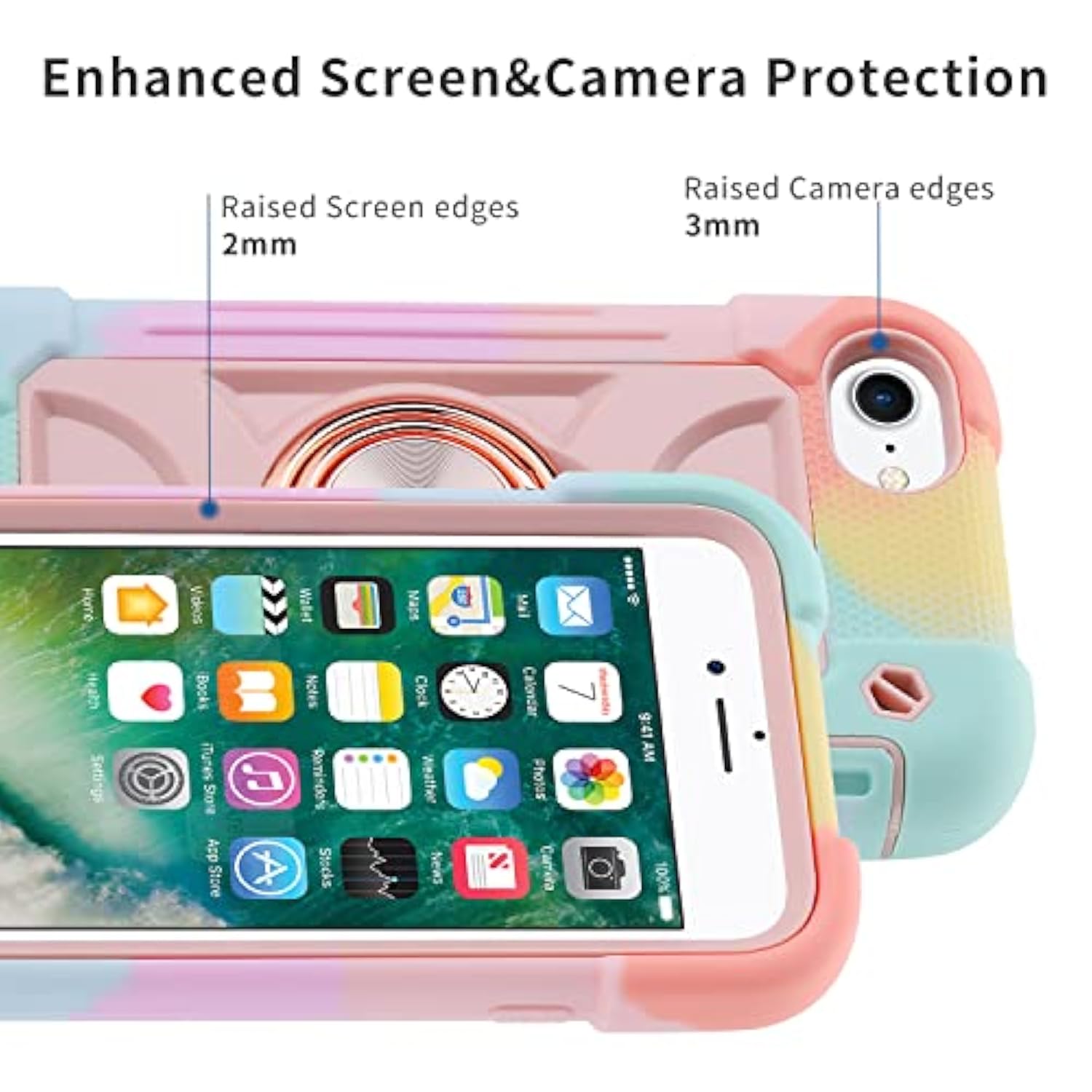 Markill Compatible With Iphone Se3/Iphone Se2,Iphone 6/6S Case,Iphone7/Iphone8 Case 4.7 Inch With Ring Stand, Heavy-Duty Grade Shockproof Phone Cover For Kids Girls. (Rainbow Pink)