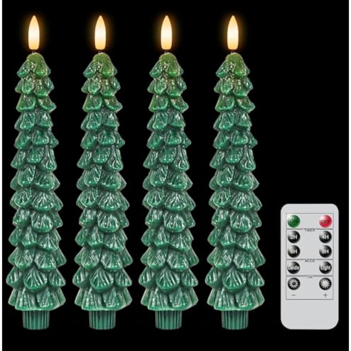Christmas Tree Candles Battery Operated With Remote Timer, 4 Pcs Christmas Tree Flameless Taper Candles With 3D Flickering Flame, Green Led Tree Candlesticks For Christmas Home Winter Decor