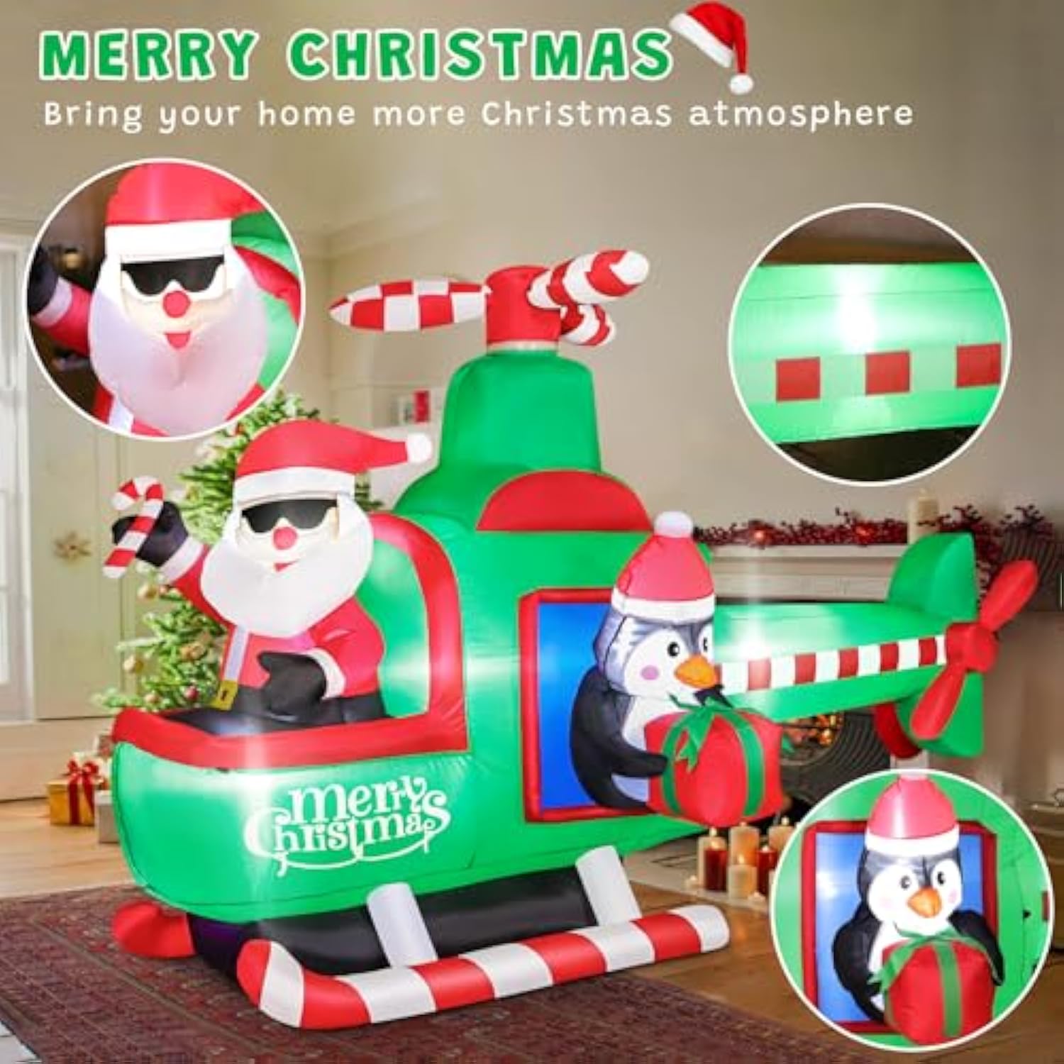 6.5Ft Christmas Inflatable Santa Claus On Helicopter Outdoor Decorations With Bright Led Lights, Christmas Blow Up Santa