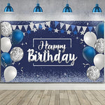 Happy Birthday Decorations Backdrop Banner, Glitter Birthday Backdrop Sign Poster Party Supplies Photo Background For Men Women, 72.8 X 43.3 Inch(Silver And Navy Blue)