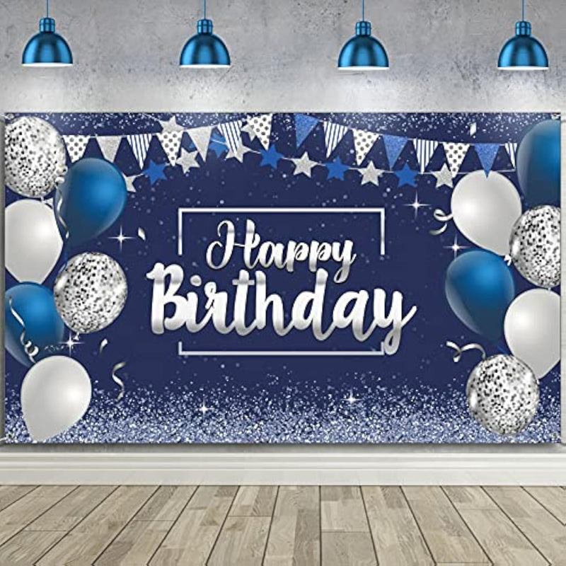 Happy Birthday Decorations Backdrop Banner, Glitter Birthday Backdrop Sign Poster Party Supplies Photo Background For Men Women, 72.8 X 43.3 Inch(Silver And Navy Blue)