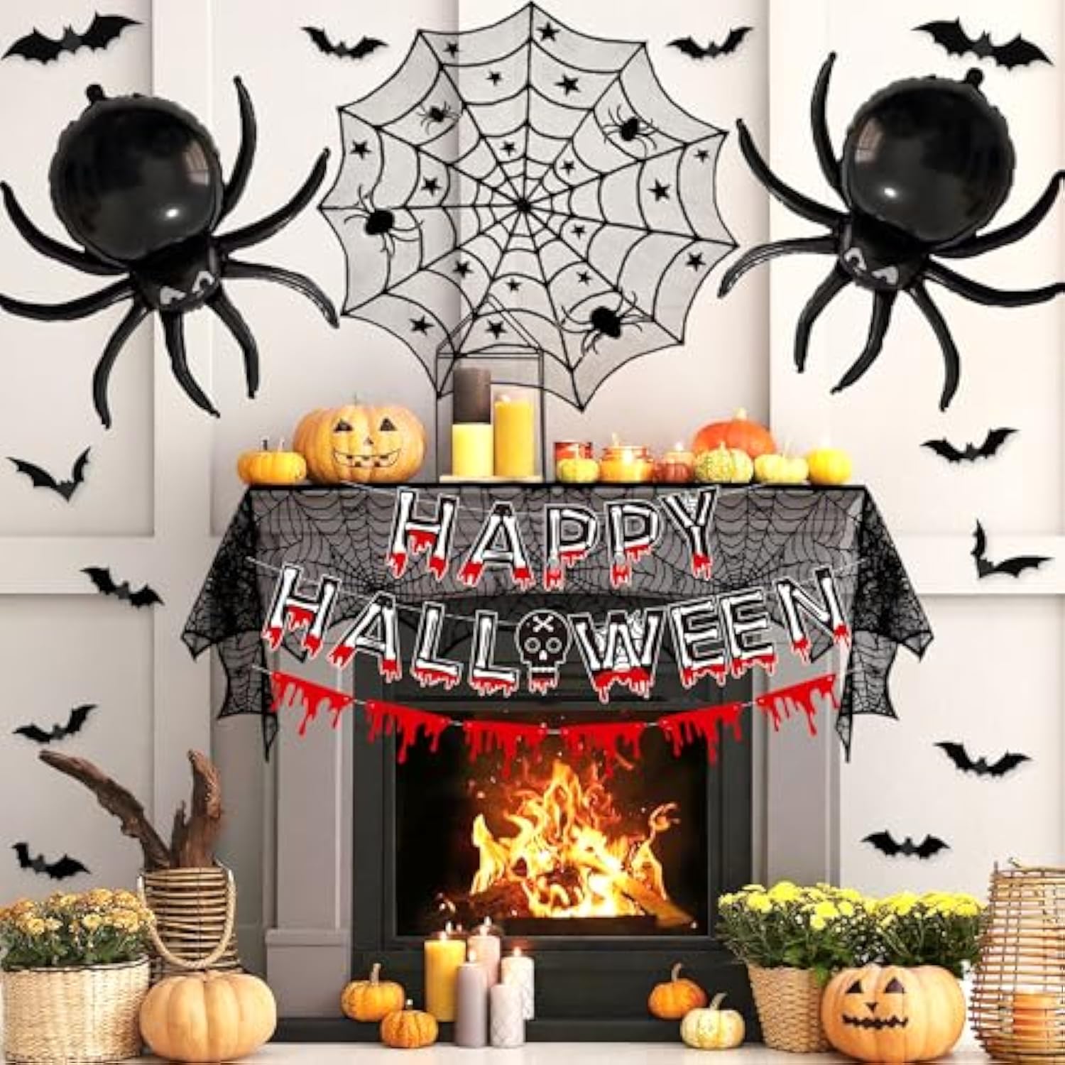 Halloween Fireplace Decorations Red Blood Drip Banner Spider Balloons Bat Stickers