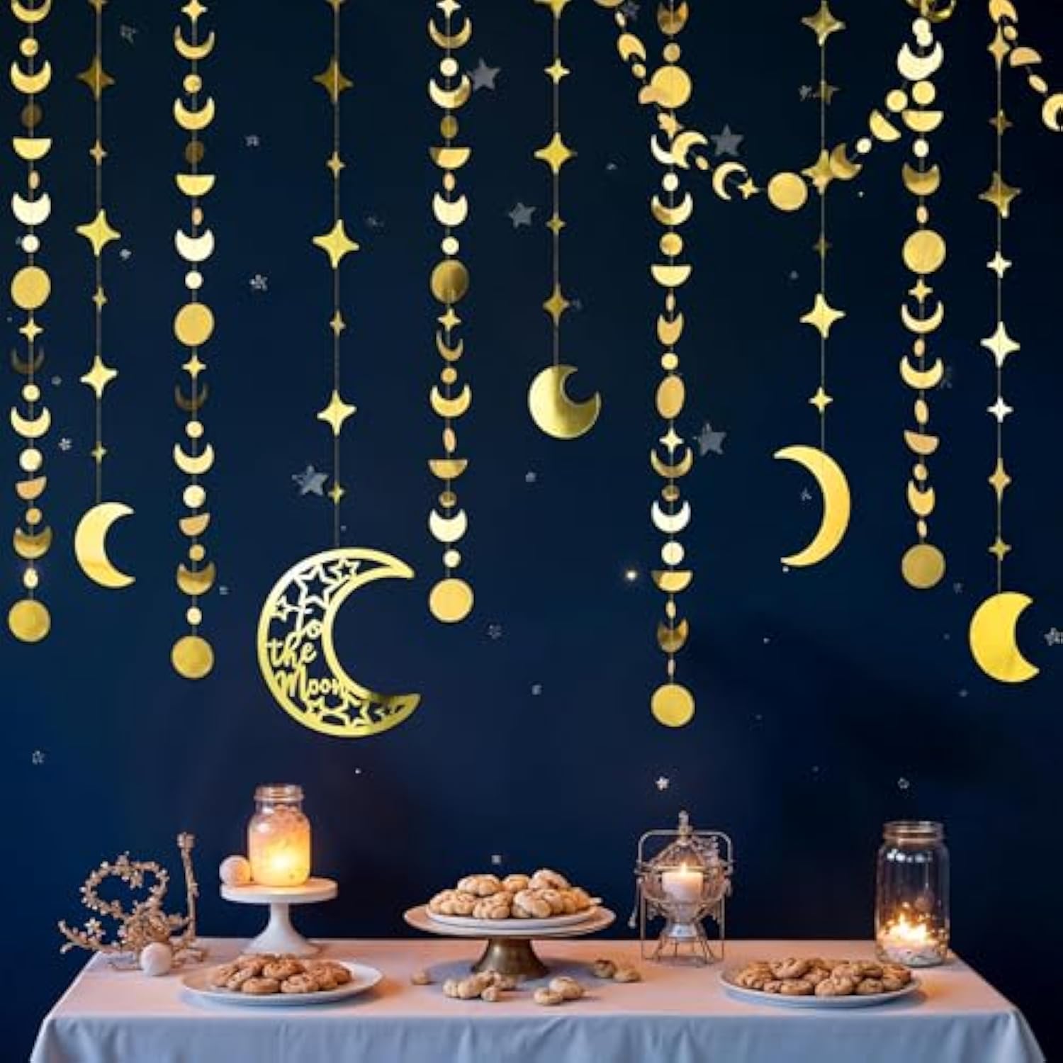 Gold Star Moon Garlands To The Moon Party Decorations Celestrial Birthday Decor Moon Phase Hanging Streamer Crescent Stars Kids Room Witchy Whimsical Ramadan Eid Mubarak Party Supplies